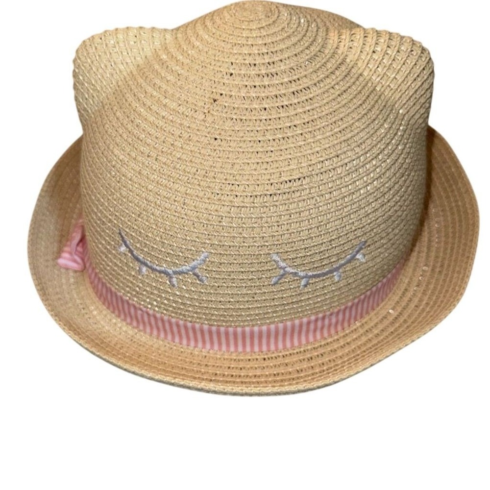 H&M Kids Straw Kitty ears Hat Beige with Eyelash & Pink Ribbon‎ Accents